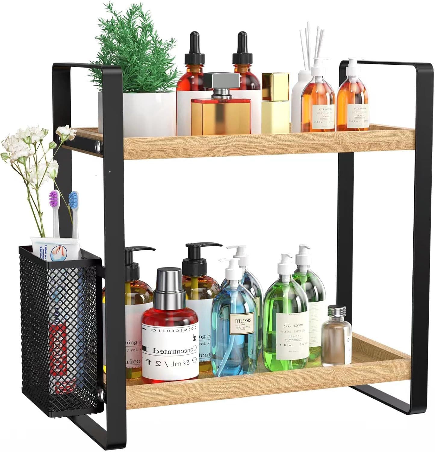 Bathroom countertop storage rack with basket, bathroom organizer shelf, vanity and skincare product storage rack, storage rack for bathroom, kitchen, and wardrobe.