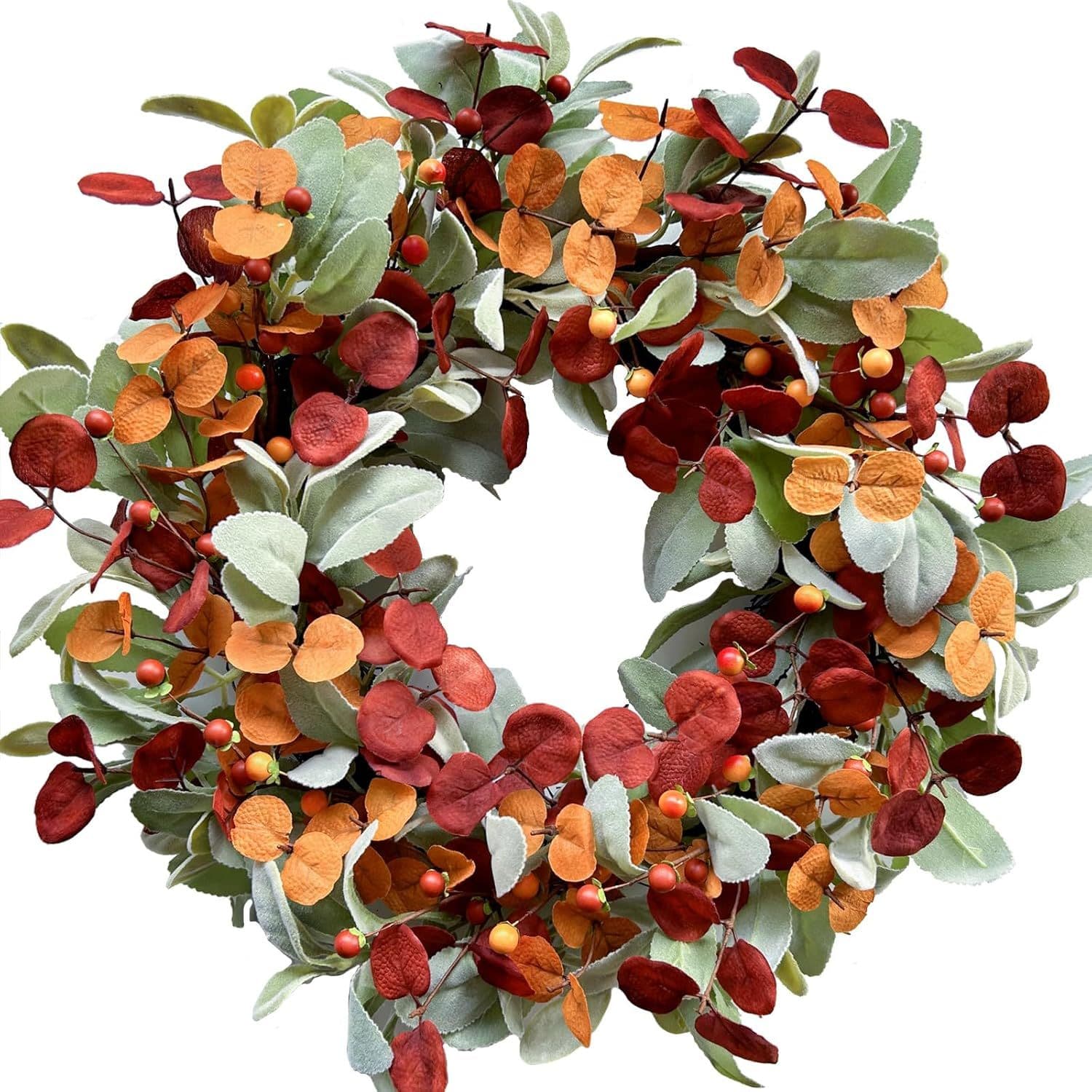 Artificial autumn wreath, decorated with lamb's ear leaves, eucalyptus leaves, and berries, suitable for indoor and outdoor farmhouse-style home wall, window, holiday, and wedding decorations.